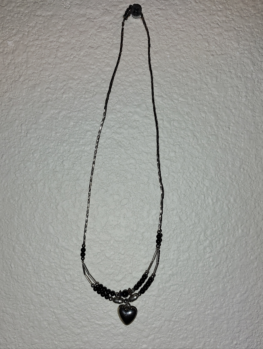 Silver Tone And Black Onyx Beaded Necklace W/ Heart Pendant - Women Jewelry